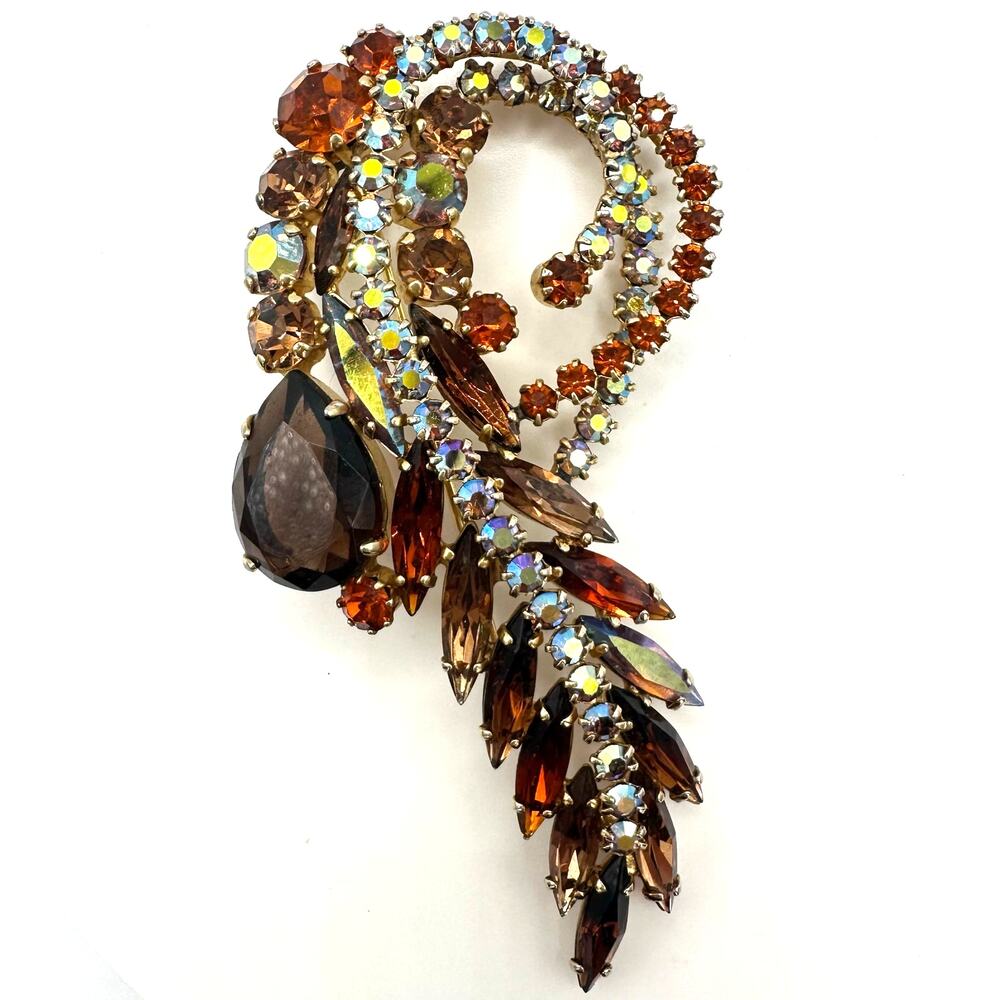 Vintage gold tone amber brown topaz glass AB aurora borealis rhinestones brooch